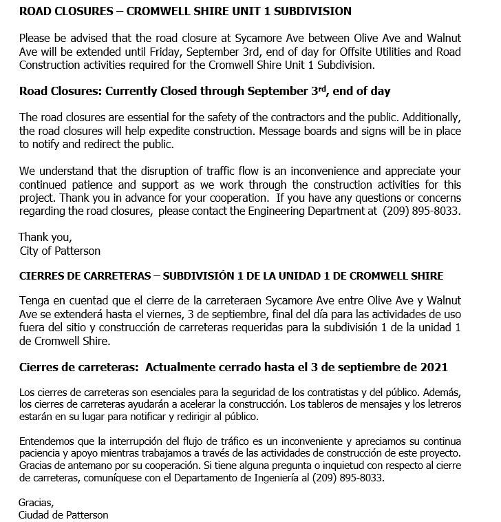 Road Closure 8.19.2021