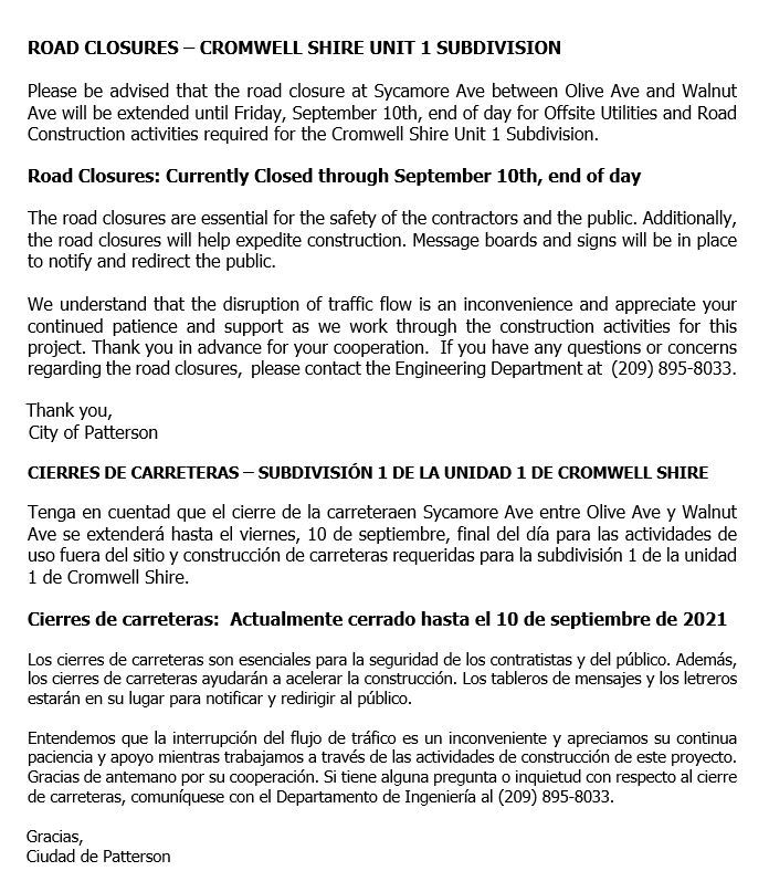 ROAD CLOSURE NOTICE - AVISO DE CIERRE DE CARRETERA